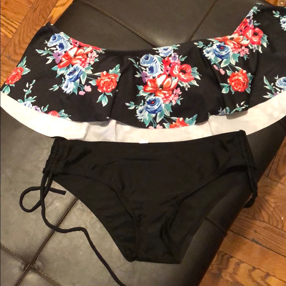 Ruffle floral bikini top with black bottom!